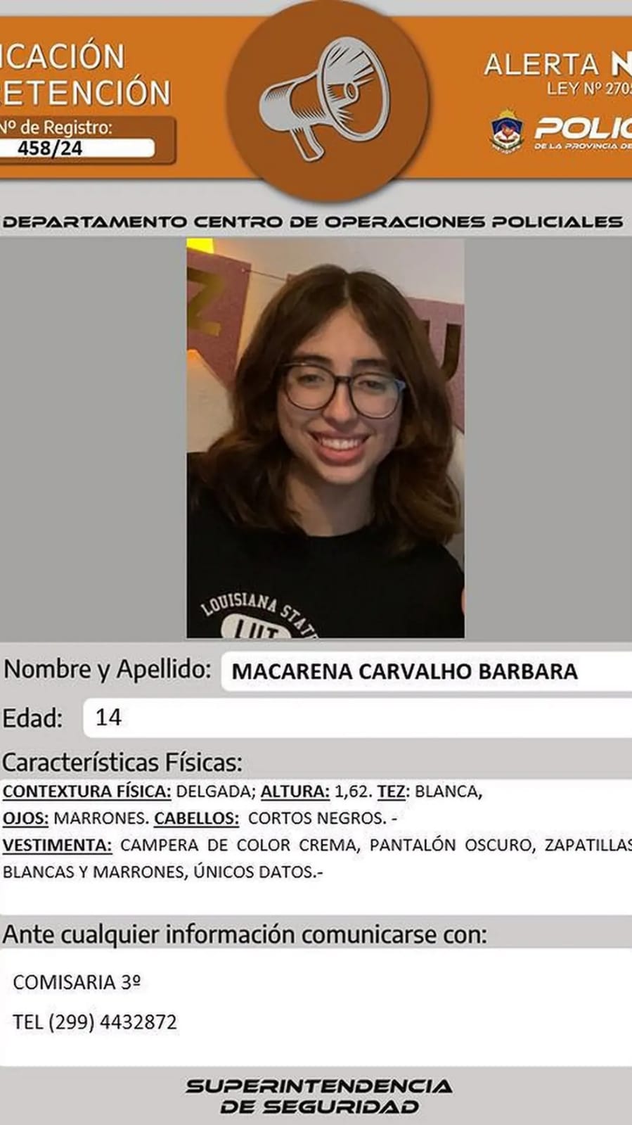 Urgente: Buscan a Macarena Carvalho, de 14 años